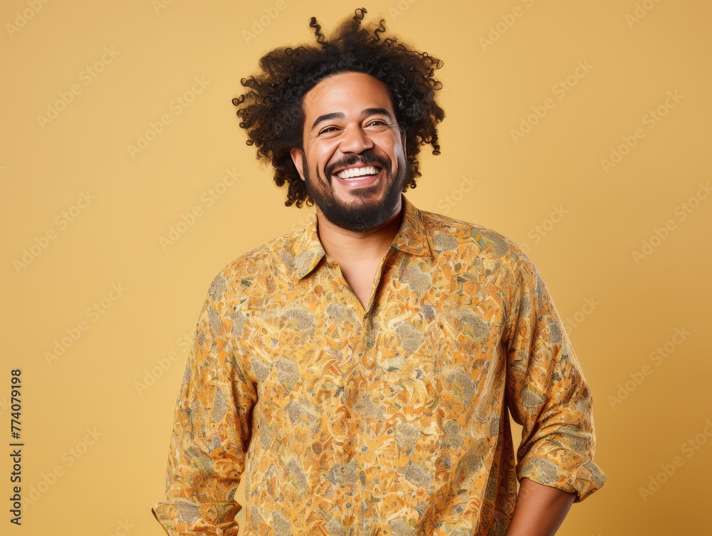 Fototapeta premium A man with a bright color shirt is smiling and laughing