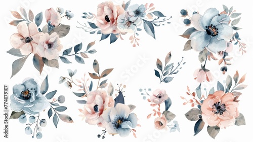 Decorative watercolor floral illustration set. DIY blush pink blue flower, green leaf individual elements - for bouquets, wreaths, wedding invitations, birthday, anniversary, postcards, greeting © Zaleman