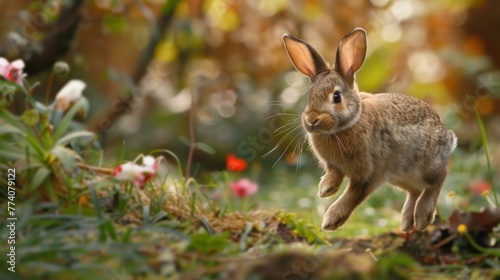 A bunny mid-hop, ears perked up and eyes full of playful energy