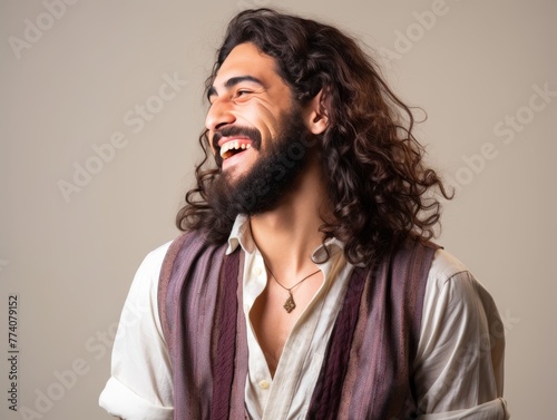 A man with a beard and long hair is smiling and wearing a necklace photo