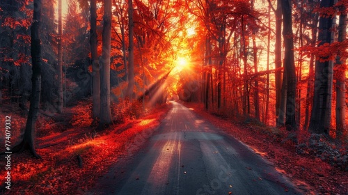 autumn road in sunrise- red color panoramic forest landscape