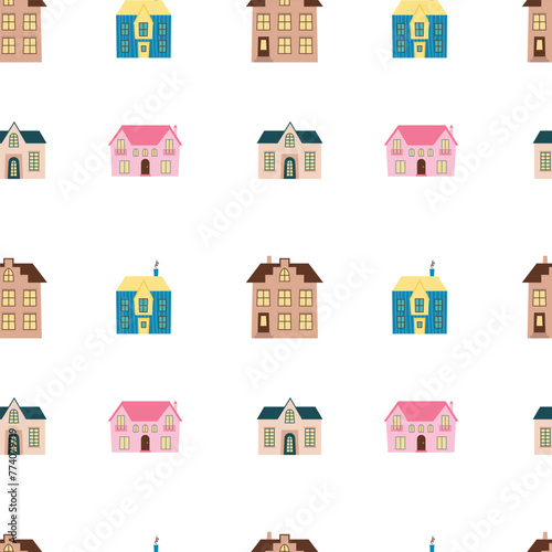 Cute flat houses seamless pattern on white background. Different town houses vector seamless pattern (ID: 774079719)