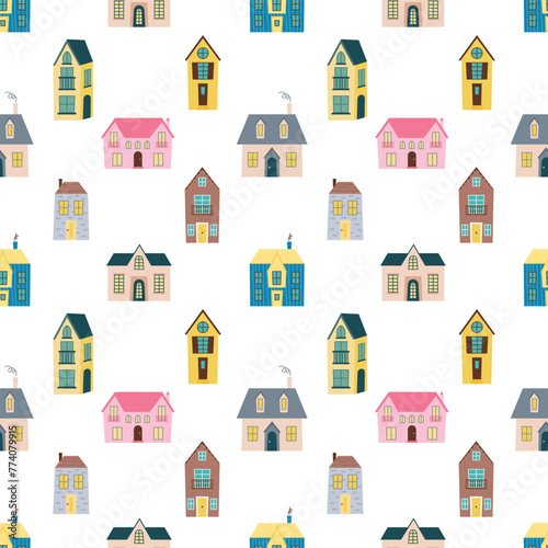 Seamless pattern with town houses on white background (ID: 774079915)