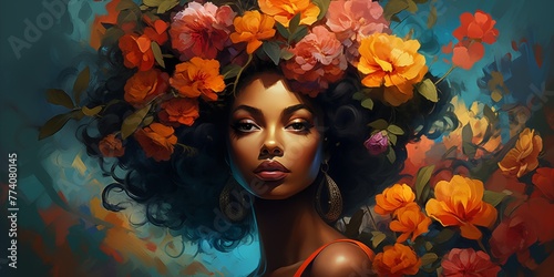 Mystical African woman, her eyes reflecting the depth of the forest, adorned with a crown of enchanting flowers.