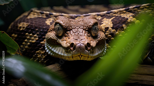 In the dense tropical undergrowth, a Fer-de-lance coils, poised to strike, its ominous head and powerful body blend with lush greenery, thrillingly deadly photo