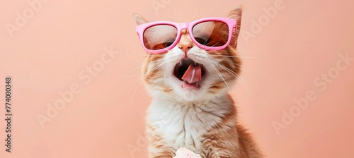 cute cat in sunglasses eating ice cream on peach color background with copy space. Cat is licking the cone of delicious vanilla soft icecream and tongue out. banner with copy space area for summer