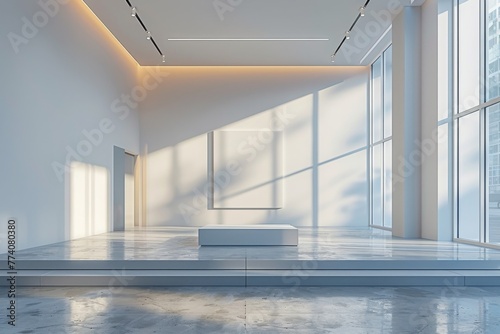 Spacious modern art gallery with natural light, simplistic design, and clear lines, concept of minimalism and purity