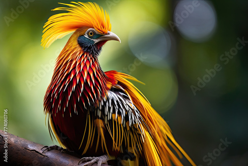 Rare sight: A resplendent Golden Pheasant dazzles in vibrant plumage, a burst of pride and splendor captured in a stunning photo photo