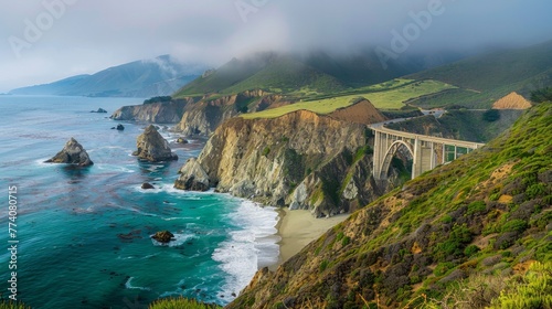 Bixby Creek Bridge on Highway 1 at the US West Coast traveling south to Los Angeles, Big Sur Area, California photo