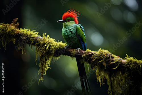 In Monteverde Cloud Forest, a rare sight: a resplendent Quetzal perches gracefully on moss-covered branch, its trailing tail feathers mesmerize
