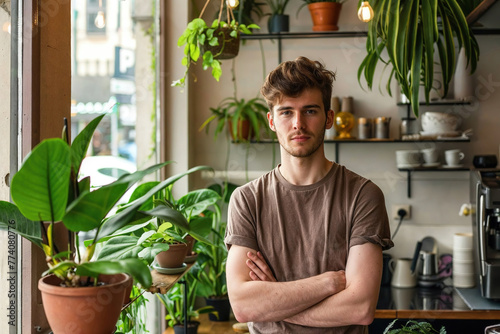 Generative AI illustration of young male coffee shop owner stands with crossed arms amid lush indoor plants, exuding a relaxed, urban vibe photo