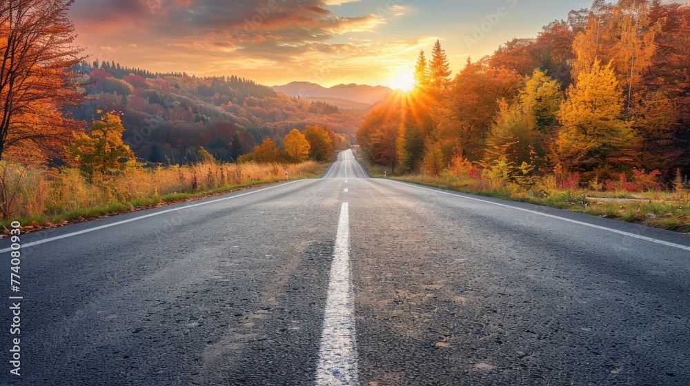 Black asphalt road landscape at sunset in beautiful colorful nature. Highway scenery among mountains in autumn season. Nature landscape on beautiful road in colorful fall. Autumn landscape in Germany - obrazy, fototapety, plakaty 