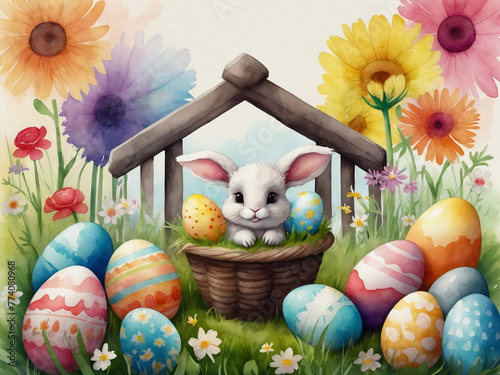 Animals friendship with colorful Easter eggs and spring flowers