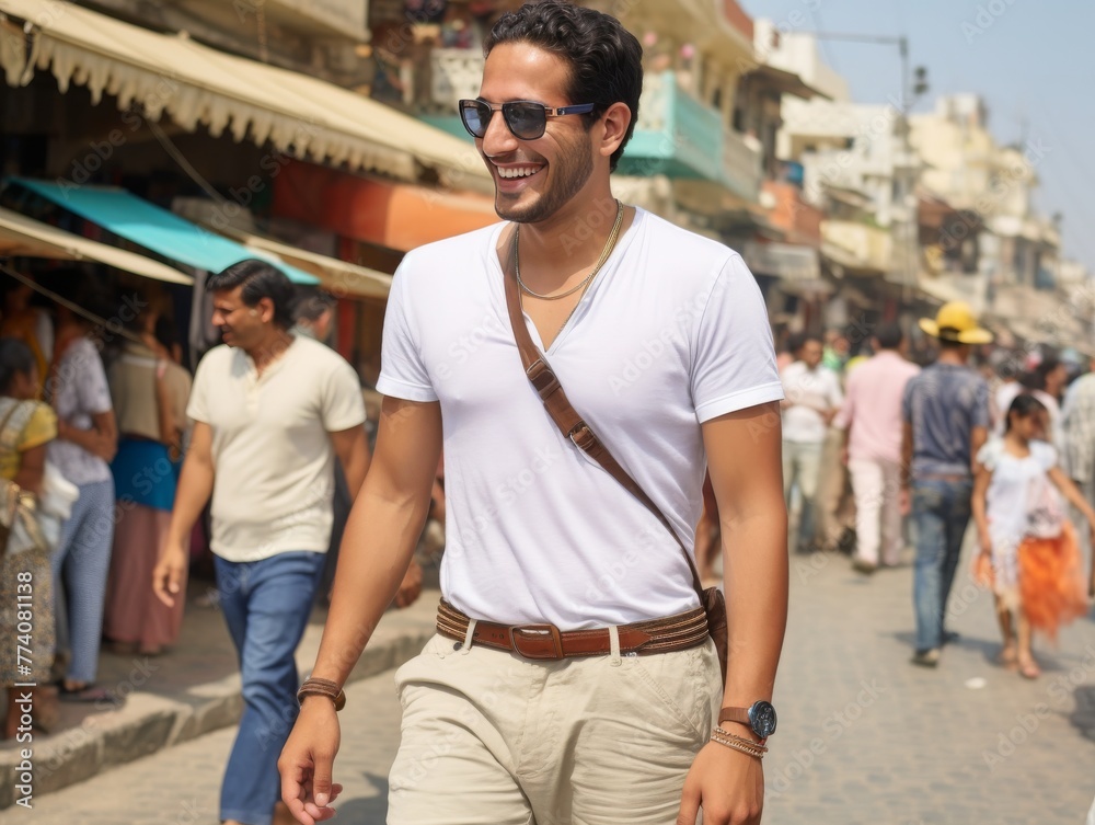 A man wearing a white shirt and khaki pants walks down a crowded street A man wearing a white shirt and khaki pants walks down a crowded street