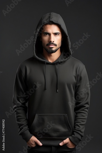 Portrait of handsome young man in black hoodie. Isolated on grey background.