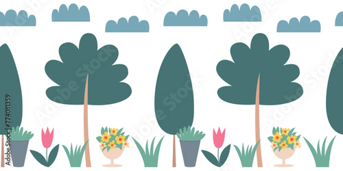 Flat style park trees and flowers seamless pattern. Vector pattern with forest landscape on white background (ID: 774081359)