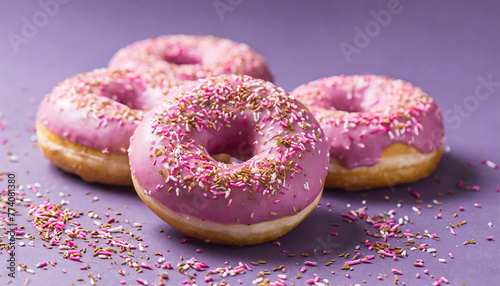 Tasty donuts with pink icing on purple background. Sprinkled sweet treat. Colorful glazed doughnut.