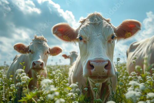 Curious cows in a sunny flower field. Generative AI image