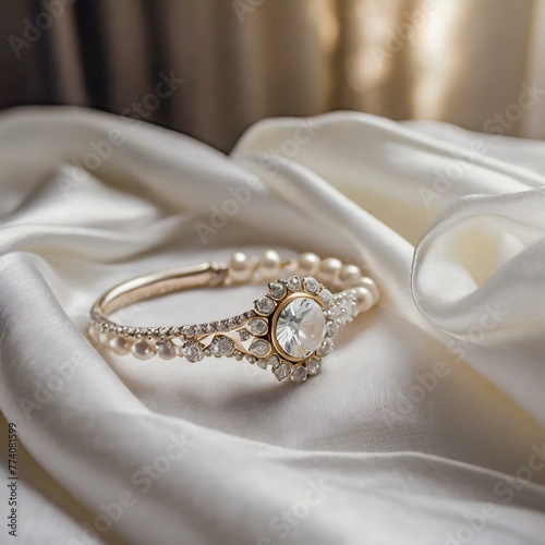 rings.A close-up showcasing a sparkling diamond engagement ring and an elegant pearl necklace laid delicately on a bed of white satin, capturing the timeless beauty and romance of wedding j photo