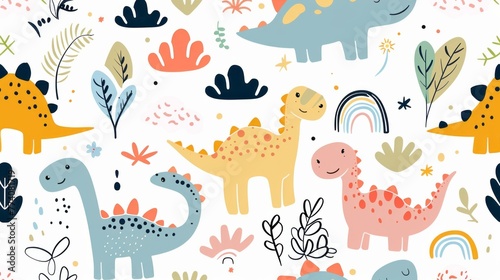 A cute kawaii design with dinosaurs, clouds, flowers, trees, rainbows and dinosaur patterns. Minimalistic illustration style similar to Crayon doodle drawing artwork