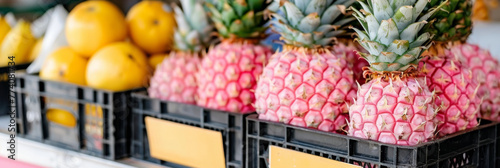 Fresh Pineapples and Citrus Fruits Displayed in Market Bins