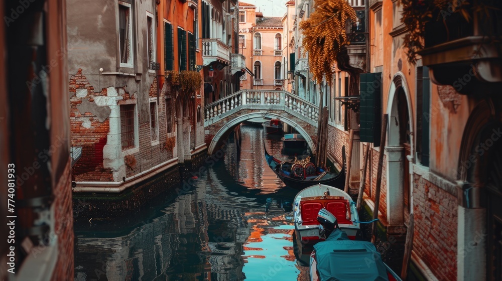 Canals, boats and bridges in Venice, Veneto, Italy - obrazy, fototapety, plakaty 