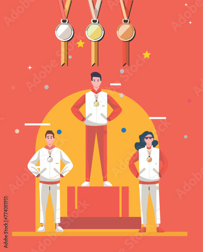 Vector of Three  athletes at the podium during the award ceremony over a red background