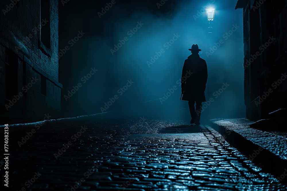 Solitary detective waiting in a dimly lit urban alley, prepared for action - obrazy, fototapety, plakaty 