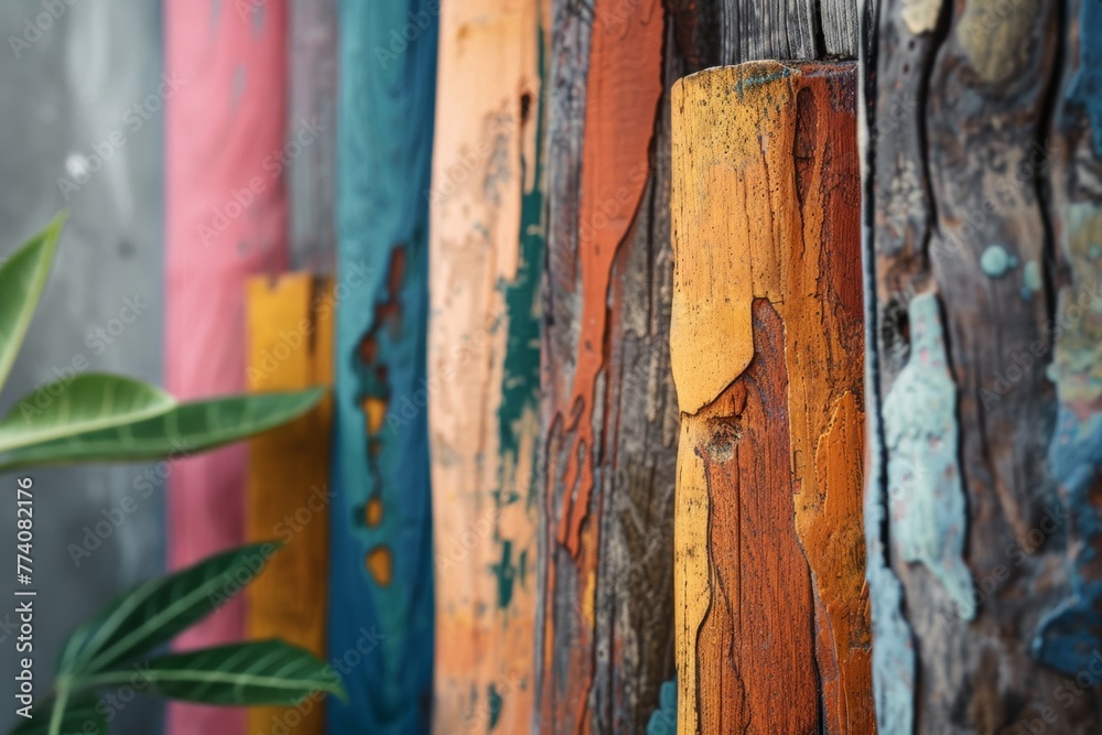 Weathered wooden planks in vibrant colors with a green leaf in the foreground.