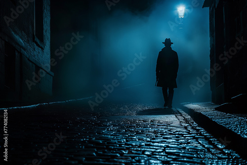Solitary detective waiting in a dimly lit urban alley, prepared for action
