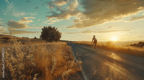 Cyclist on a country road at sunset with a golden field
