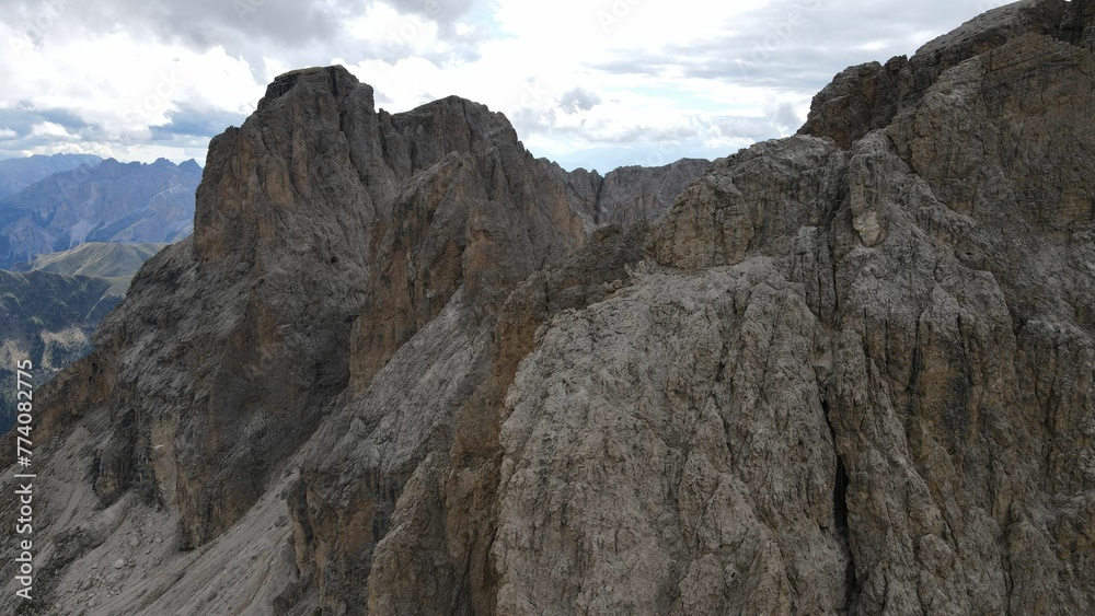 Aerial view of natural rocky scenery near the Dolomites Mountains in Italy