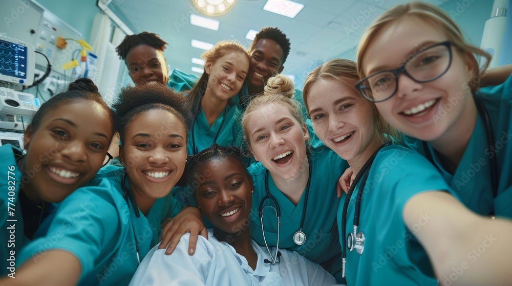 Diverse group of medical professionals taking a selfie. Diverse group of medical professionals taking a selfie.