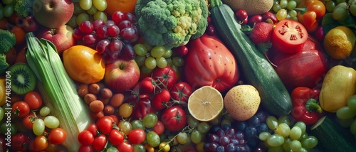 Variety of colorful fresh fruits and vegetables spread out.
