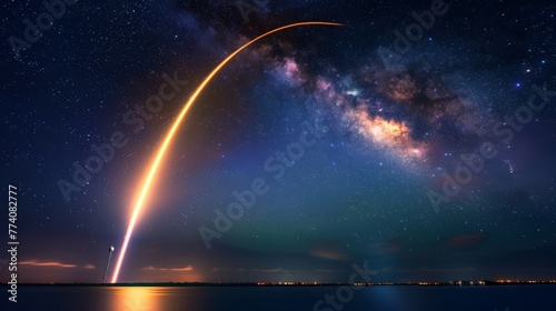 A rocket launching into the night sky, leaving a trail of fire and smoke behind as it ascends