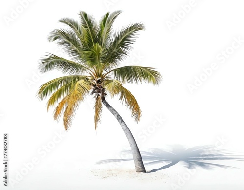 A tropical palm tree with large leaves is isolated on a white background. The concept of traveling to Asian warm countries