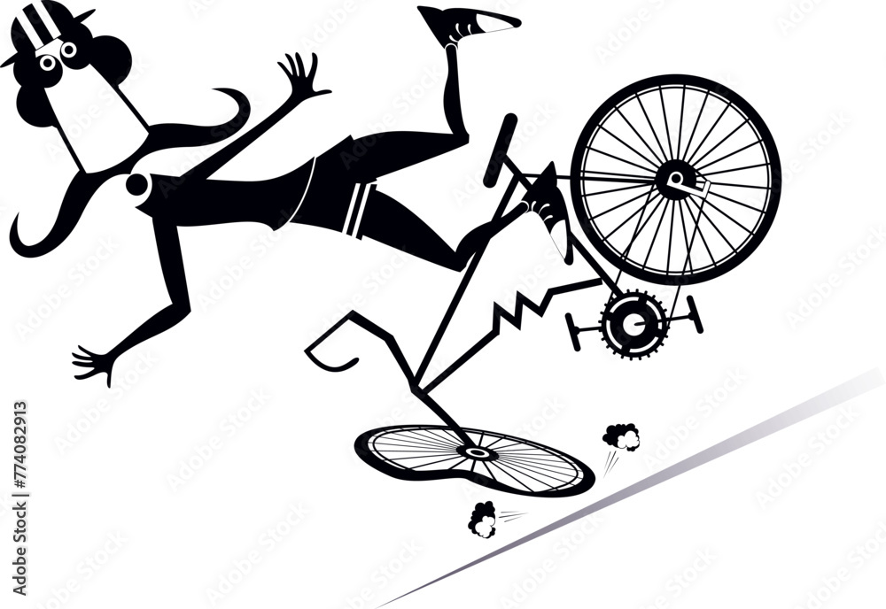 Cartoon man falling down from the bicycle. Cartoon long mustache man in ...