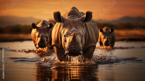 Rhinos charging through water at sunset. Generative AI image photo