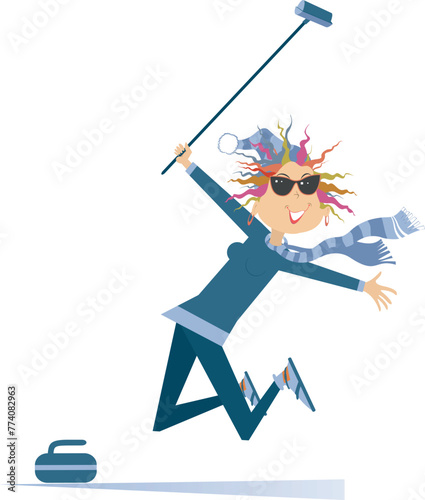 Happy young woman plays curling.
Winter sport. Happy jumping woman with a curling brush and a stone
