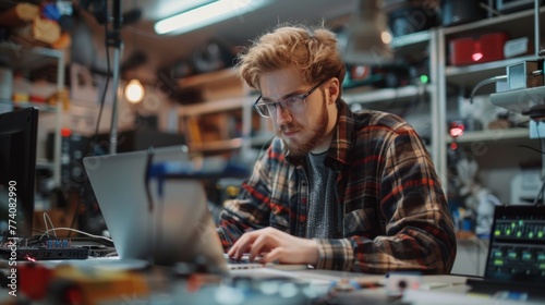 Computer engineer working on broken laptop in his workshop