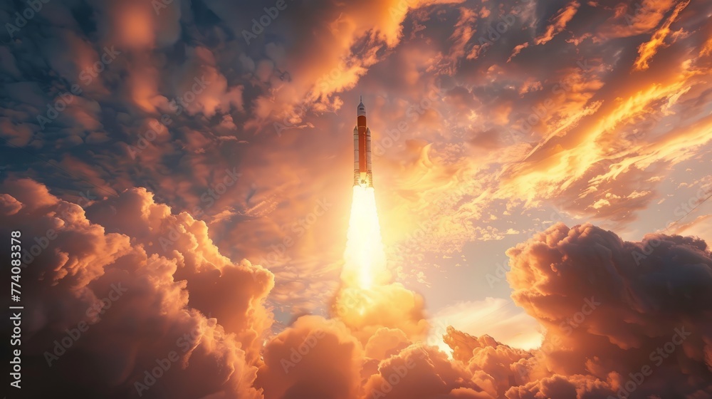 A rocket launching vertically into the sky, surrounded by clouds of smoke - obrazy, fototapety, plakaty 
