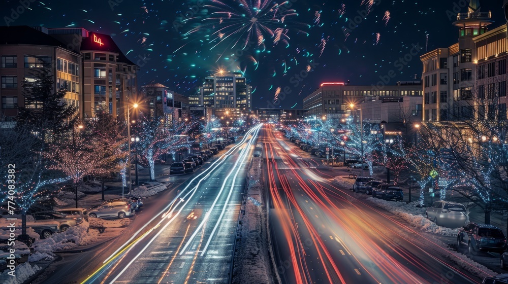 A city street filled with heavy traffic as fireworks light up the night sky, creating a vibrant and dynamic scene