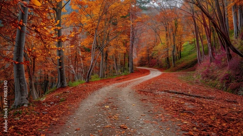 Colorful trees and footpath road in autumn landscape in deep forest. The autumn colors in the forest create a magnificent view. autumn view in nature. Domanic, Bursa, Turkey  © Nijat