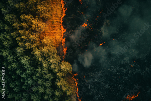 Aerial view of a forest fire at the edge of a green woodland. Generative AI image photo