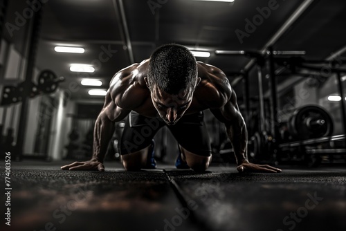 Muscular man in focus doing push-ups, showcasing strength and determination with gym equipment blurred in the background.