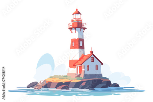 An idyllic illustration depicting a lighthouse standing on a rocky islet surrounded by calm seas under a clear sky.