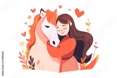 A heartwarming illustration of a young girl hugging her horse. Flat vector illustration.