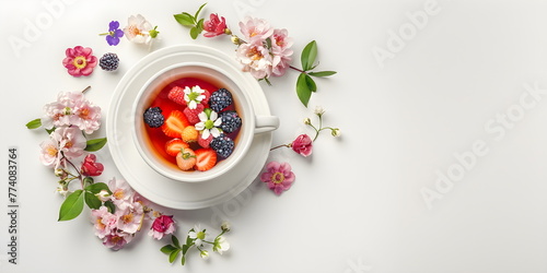 Beautiful layout of a cup of tea, berries and fragrant herbs. Flat layout. Aesthetics of nutrition.