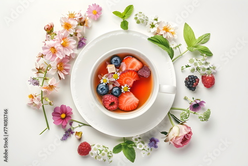 Beautiful layout of a cup of tea, berries and fragrant herbs. Flat layout. Aesthetics of nutrition.