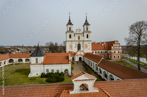 Aerial spring view of sunny Tytuvėnai Monastery, Lithuania photo